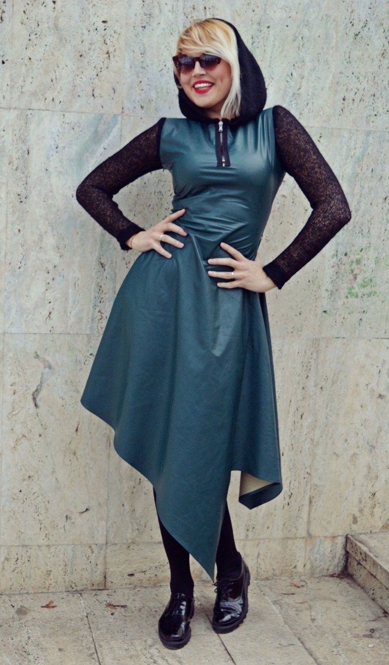 Forest Green Leather Dress Extravagant Forest Green Dress Asymmetrical Leather Dress Wool Hooded Dress TDK223 JAZZ UP!