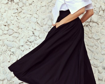 Summer Black Skirt TS08, Long Asymmetrical Black Skirt, High Waist Extravagant Skirt, Flared Party Skirt