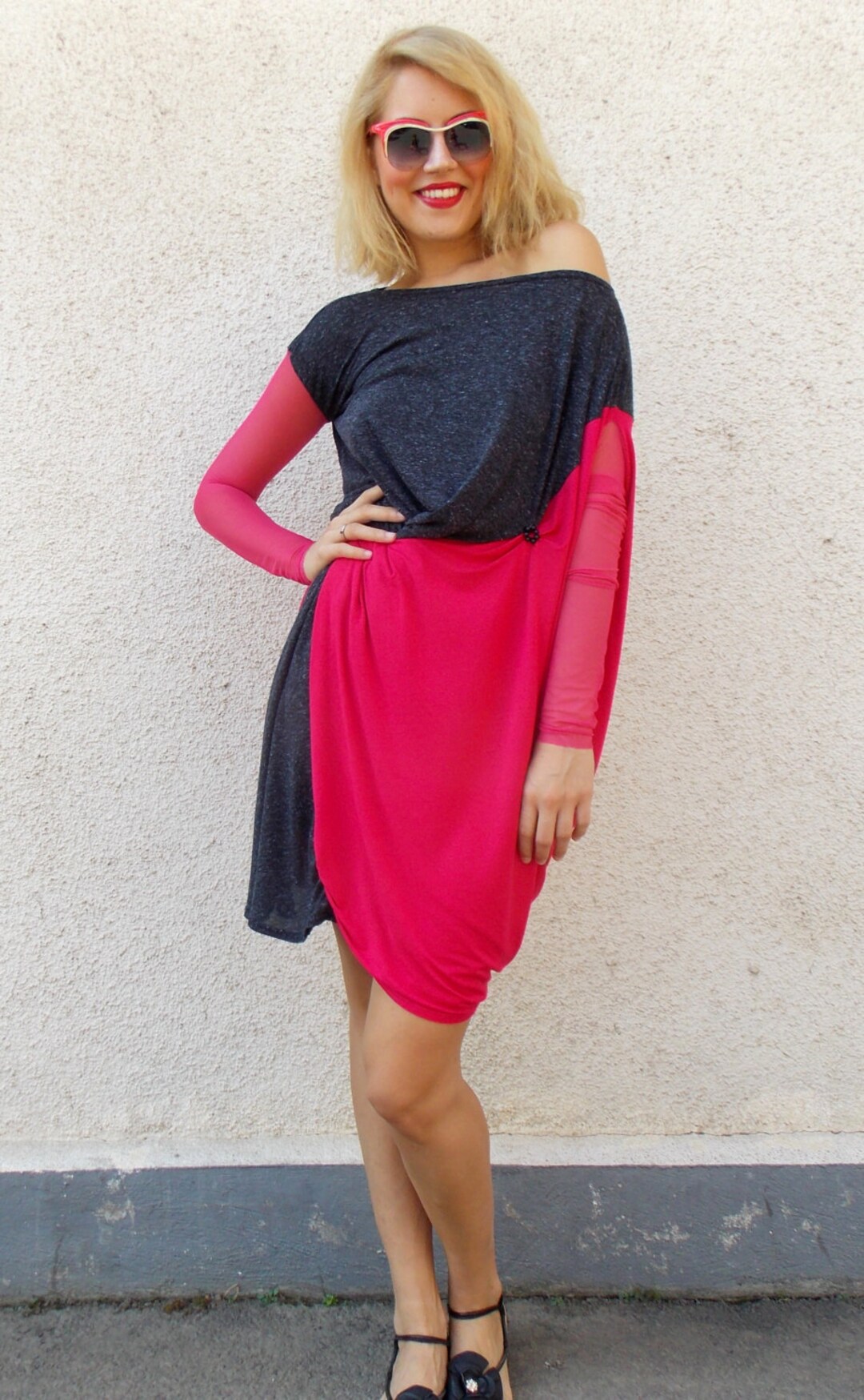 asymmetrical-fuchsia-dress-plus-size-tulle-sleeves-dress-bicolor