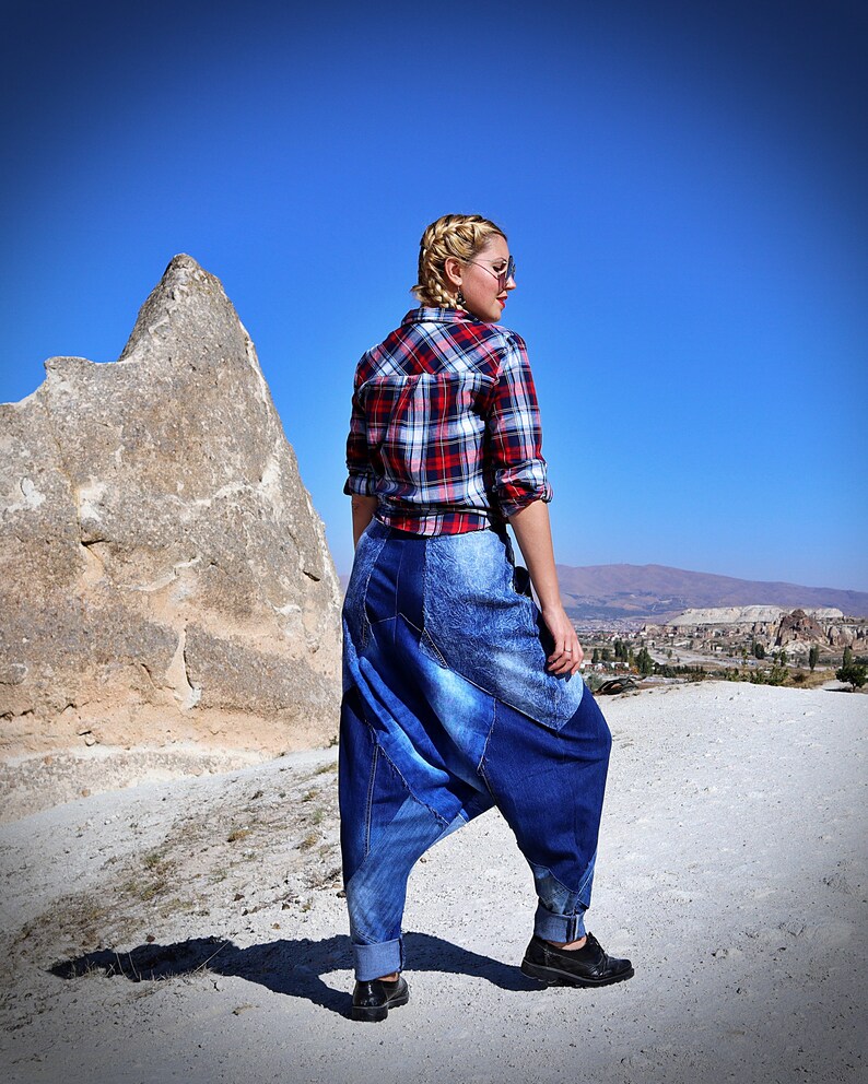 DENIM DROP-CROTCH PANTS WITH POCKETS