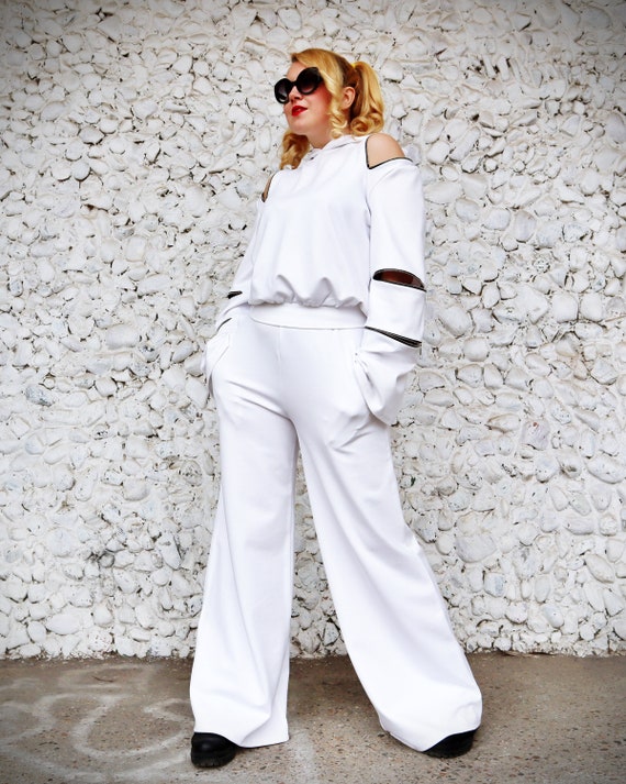 White Women Track Pants, Sports for Women With Zippers, Wide Leg