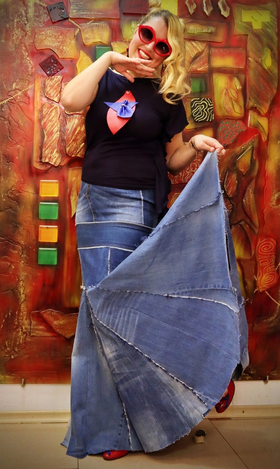 Buy High Waist Patchwork Denim Skirt Women Jean Floor Length Skirt Boho Jean  Maxi Skirt With Pockets Cowboy Swing A Line Skirt for Women TS34 Online in  India - Etsy