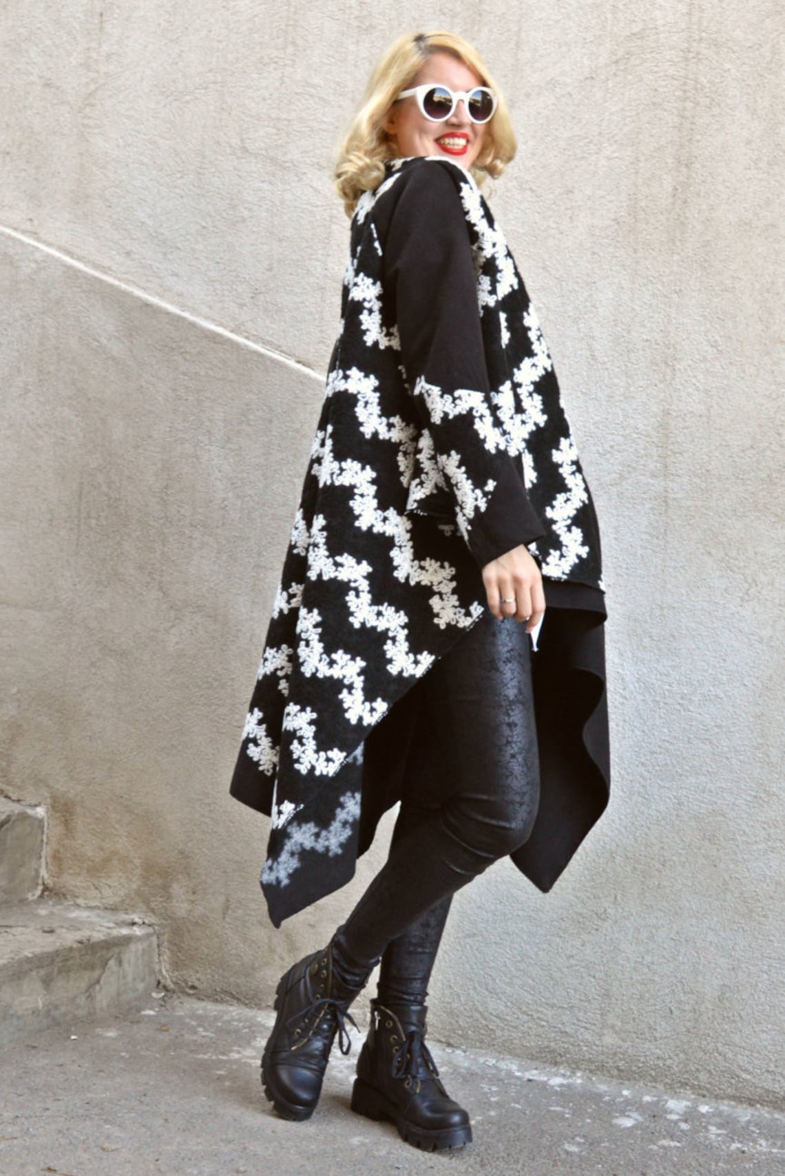 Black and White Cashmere Coat Embroidered Wool Coat Black Etsy