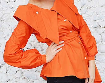 Orange  Cotton Top, Long Sleeves Blouse, Orange Blouse TT129, Cotton Top by Teyxo