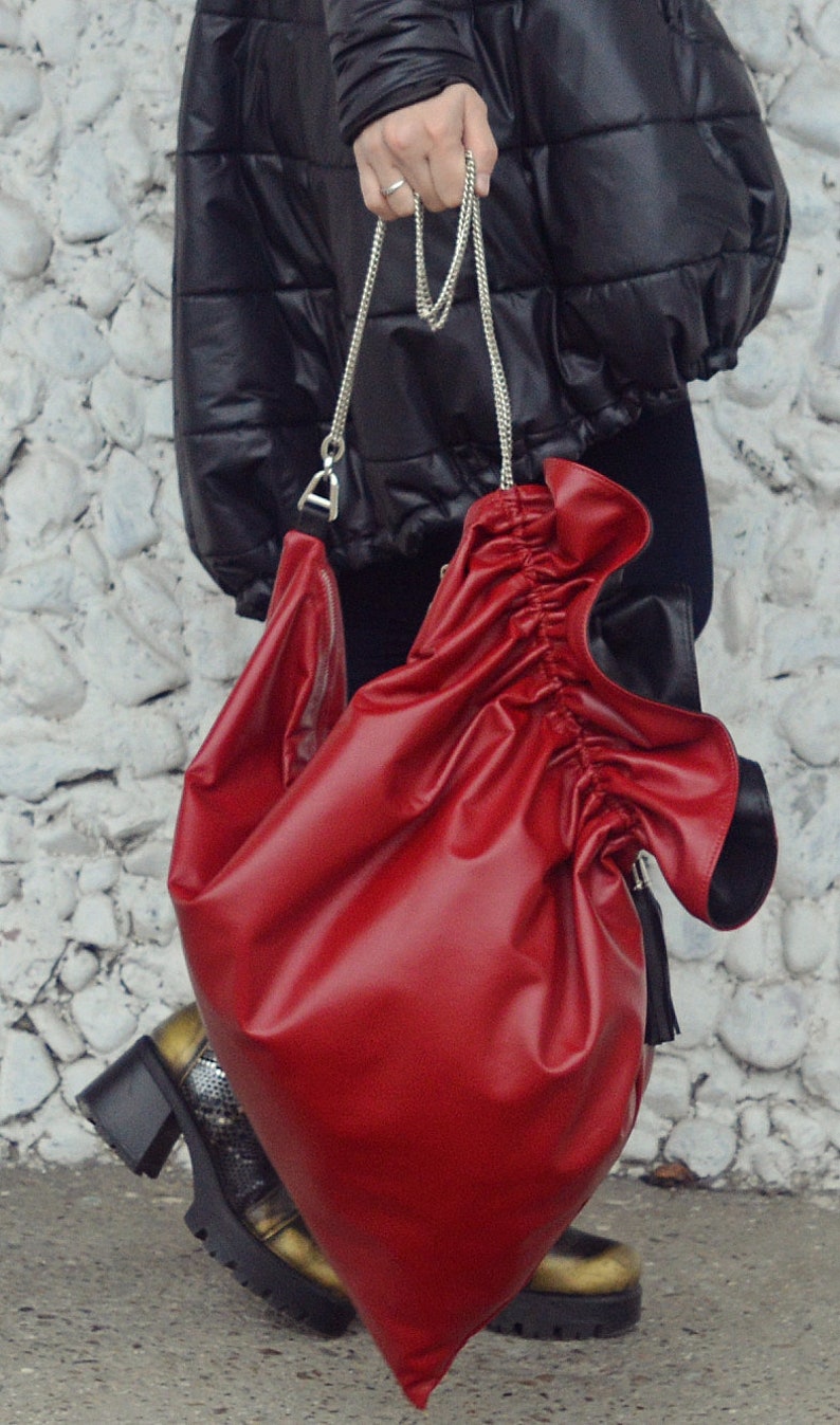 Burgundy Leather Bag, Genuine Leather Handbag with Chain TLB03 image 1