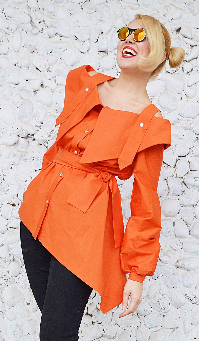 Orange Cotton Top Long Sleeves Blouse Orange Blouse TT129 Etsy
