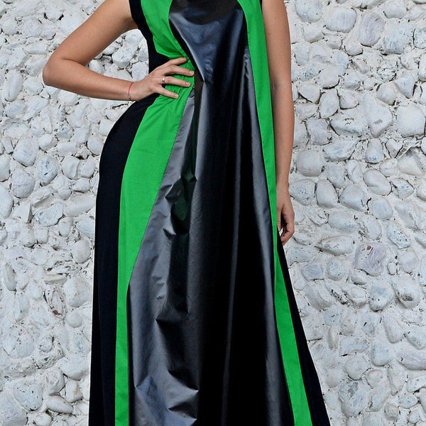 Maxi Flared Schwarz und Grün Kleid, Ein Line Kleid mit grünen Streifen, Baumwolle Bodenlanges Kleid TDK244, Ärmelloses CocKtail Kleid