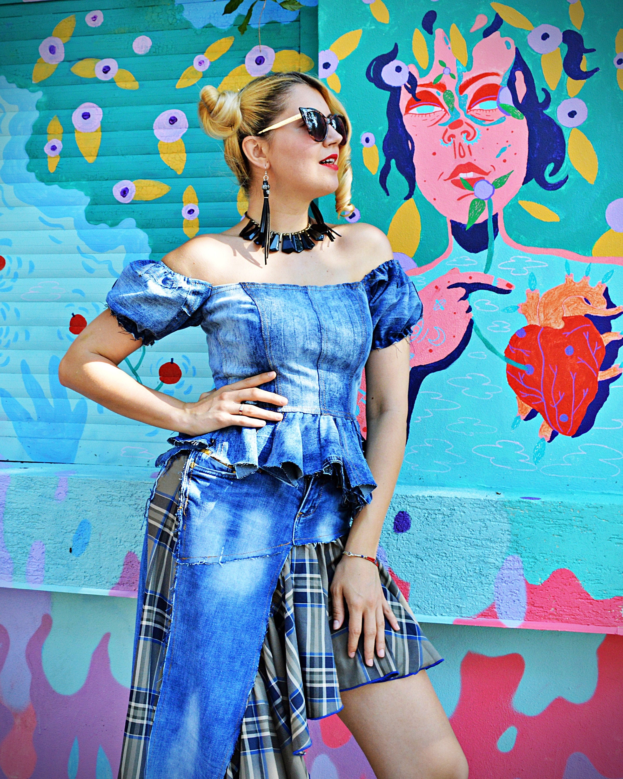 Off Shoulder Ruffle Denim Top Stretch 