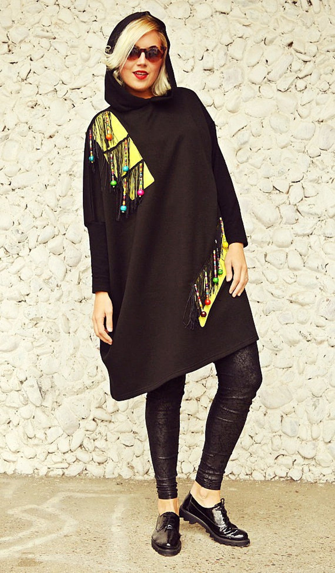 Black Extravagant Hooded Sweatshirt, Funky Loose Hoodie, Black Cotton ...