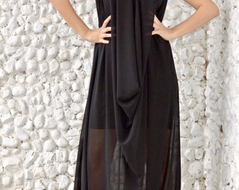 Extravagante schwarze Jumpsuit / edel schiere Overall mit darunter kleine schwarze Kleid / Plus Größe Overall TJ19