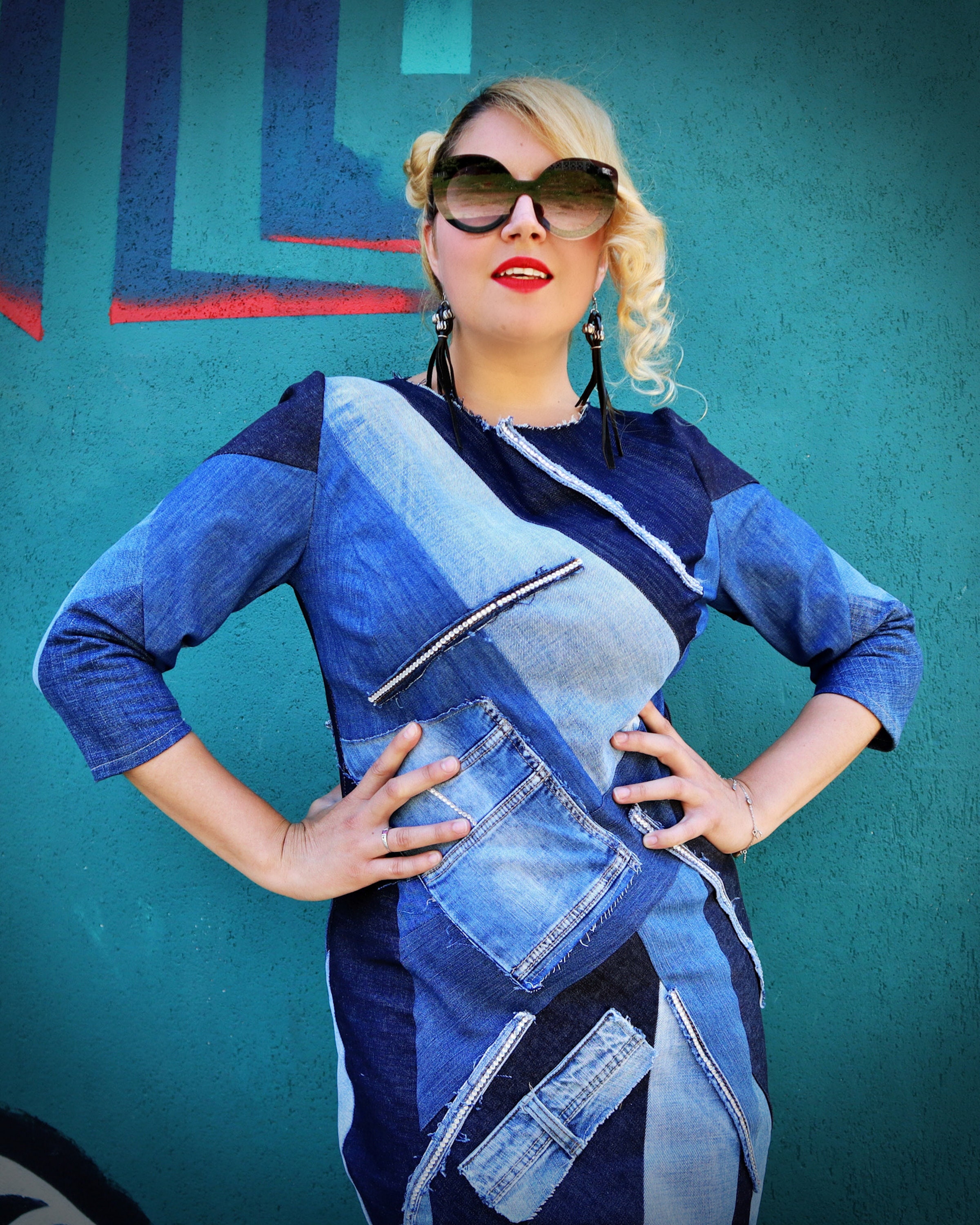 Mermaid Denim Dress With Patches, Patchwork Denim Maxi Dress Mermaid Denim Dress With Patches, Patchwork Denim Maxi Dress