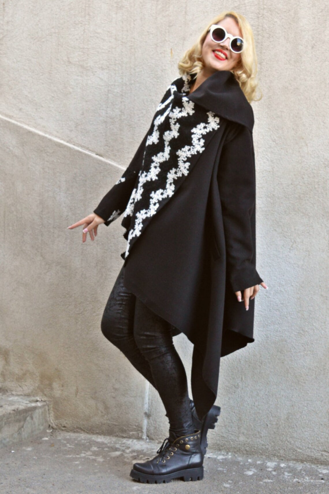 Black and White Cashmere Coat Embroidered Wool Coat Black Etsy