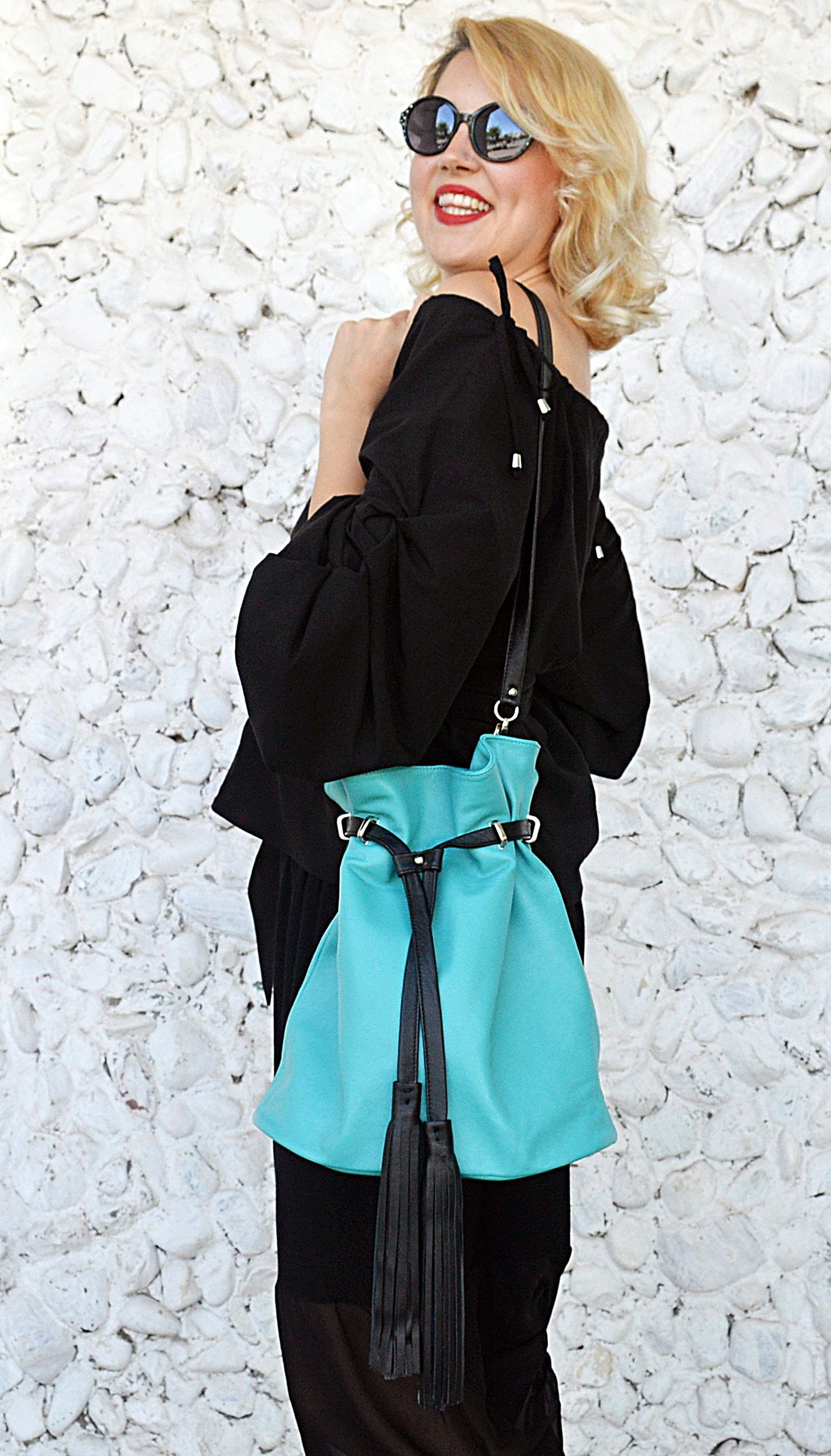 Extravagant Turquoise Leather Bag, Turquoise Leather Purse, Funky Shoulder Bag with Detachable Black Strap TLB26, Carousel Collection