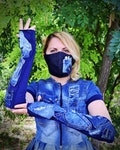 Set of Denim Face Mask and Fingerless Gloves, Driving Gloves with Match Mask, Patchwork Denim Face Mask with Jean Arm Warmers product logo