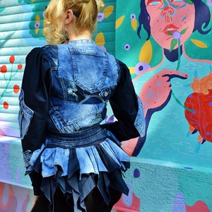 Ripped Casual Denim Jacket with Peplum Puffy Sleeves Jean Jacket Street Casual Harajuku Fashion Coat Hip Hop Patchwork Stretch Coat TC139 image 5