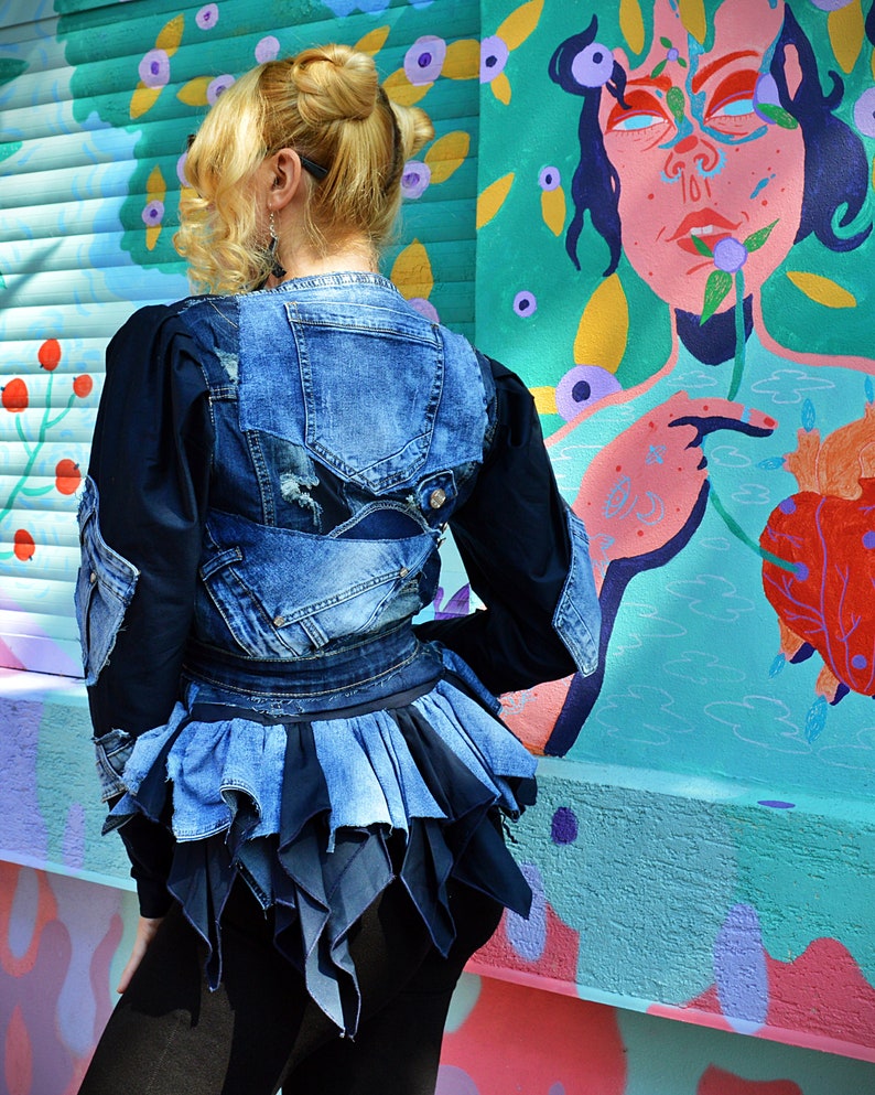 Ripped Casual Denim Jacket with Peplum Puffy Sleeves Jean Jacket Street Casual Harajuku Fashion Coat Hip Hop Patchwork Stretch Coat TC139 image 5