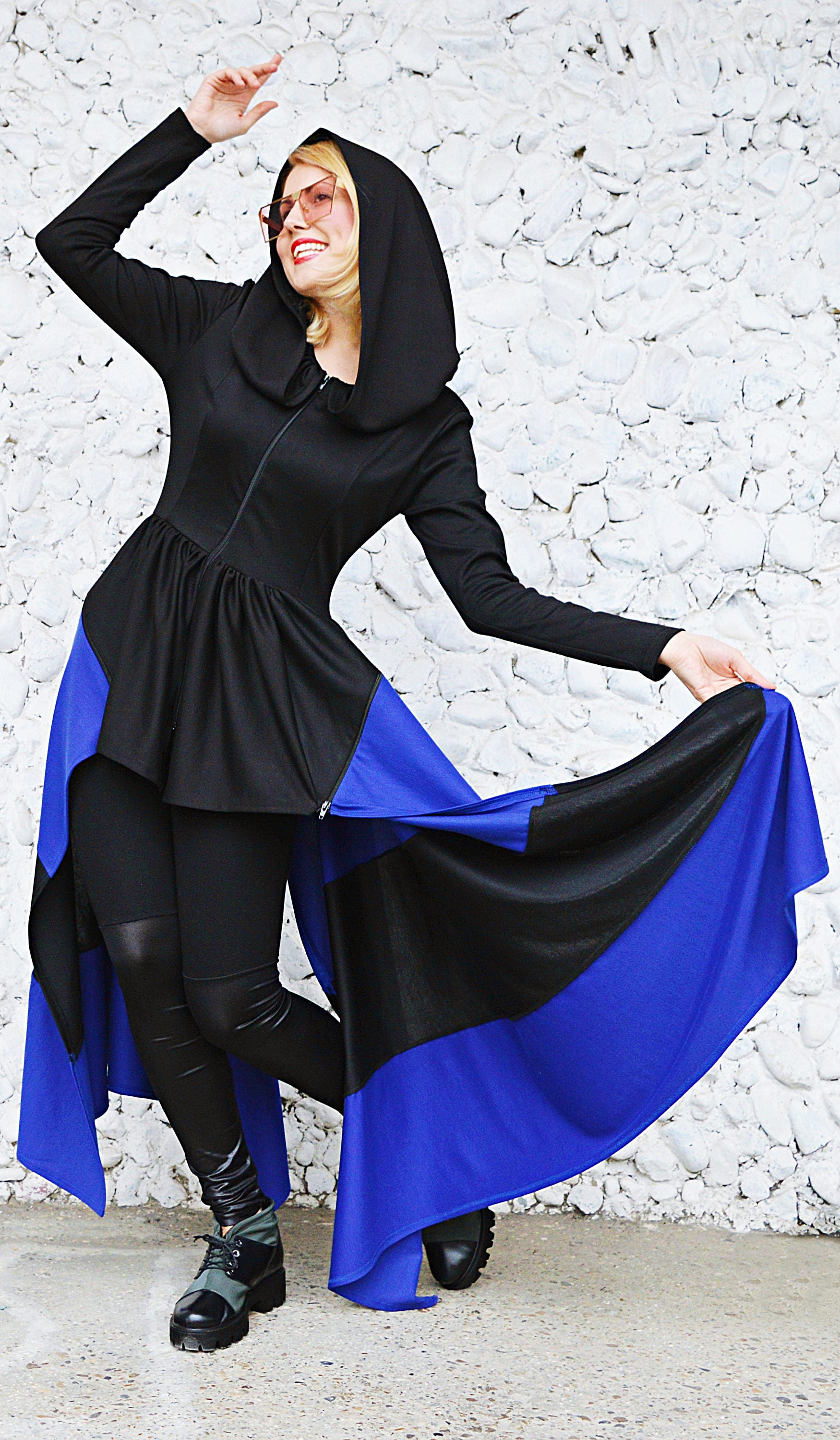 Black Convertible Jacket, Hooded Jacket, Jersey Flared