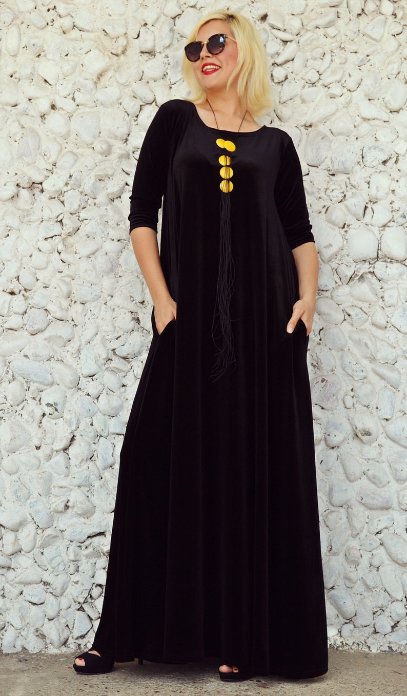 Autumn Black Velvet Dress, Long Maxi Dress, A-line Dress Women TDK191 image 3