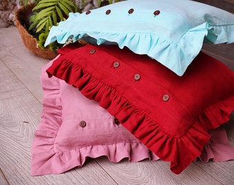 SET OF 3 Pillow Covers Linen Pillowcase with Coconut Buttons Linen Pillow Cover with Ruffles Linen Cushion Cover Linen Throw Pillow TLHP01