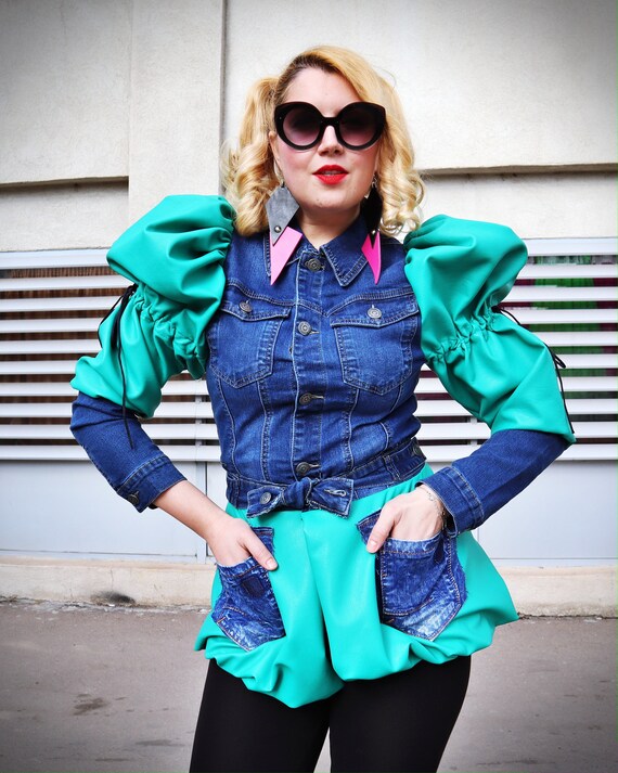 Womens denim jacket deals with faux leather sleeves
