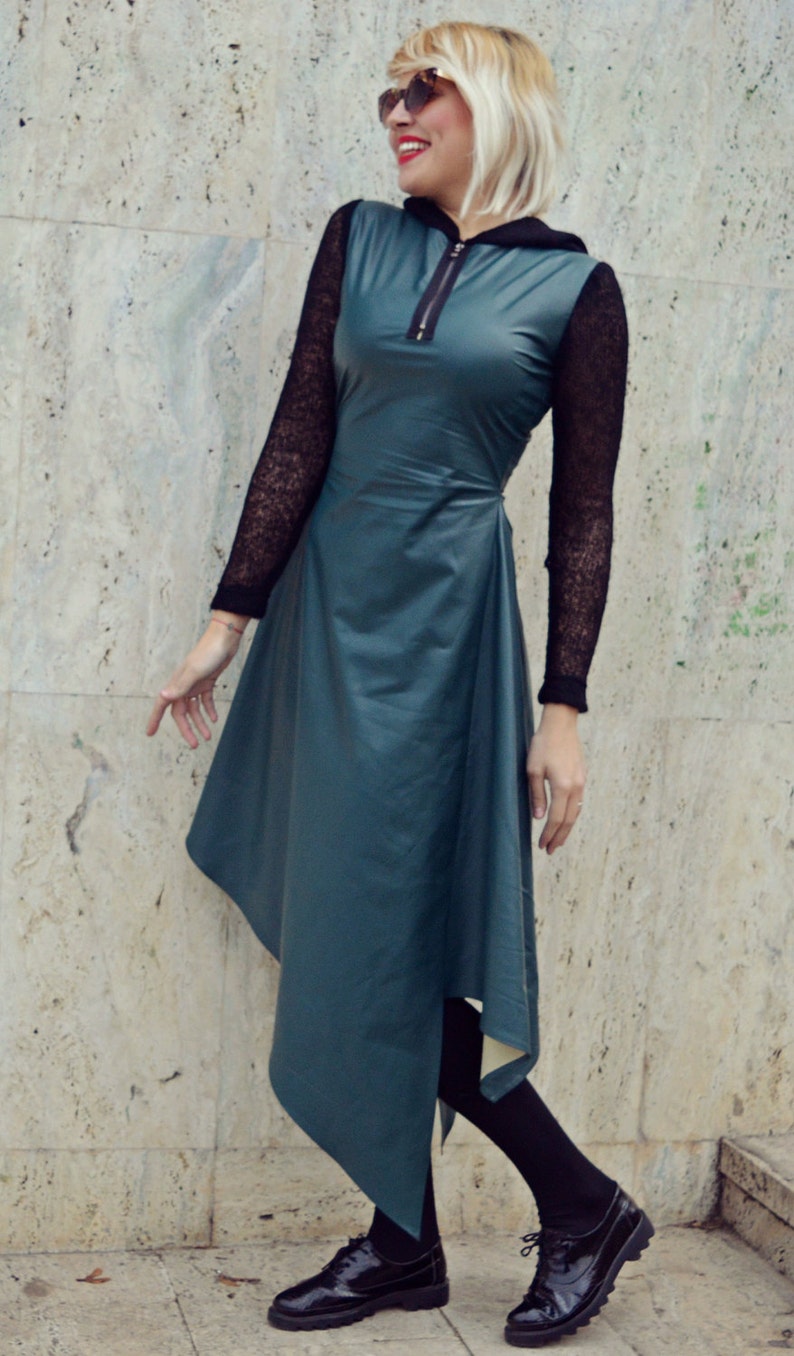 Forest Green Leather Dress Extravagant Forest Green Dress Asymmetrical Leather Dress Wool Hooded Dress TDK223 JAZZ UP!