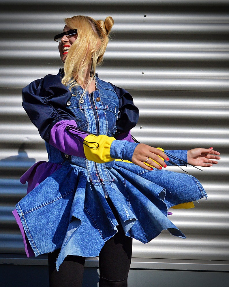 Hipster Denim Jacket for Women Boho Colorblock Jean Coat Grunge Rocker Jacket Boho Festival Denim Jacket for Women Goth Denim Coat TC142