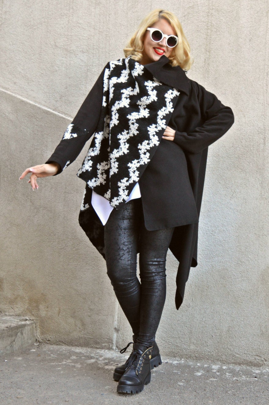 Black and White Cashmere Coat Embroidered Wool Coat Black Etsy