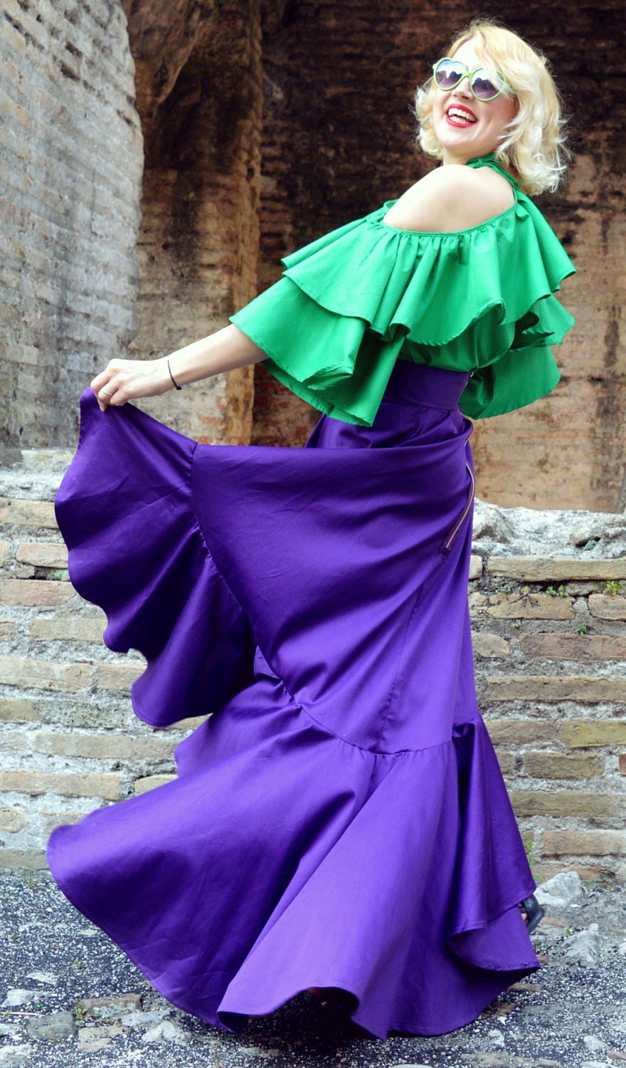 Purple Ruffled Skirt Purple Cotton Skirt High Waist Skirt | Etsy