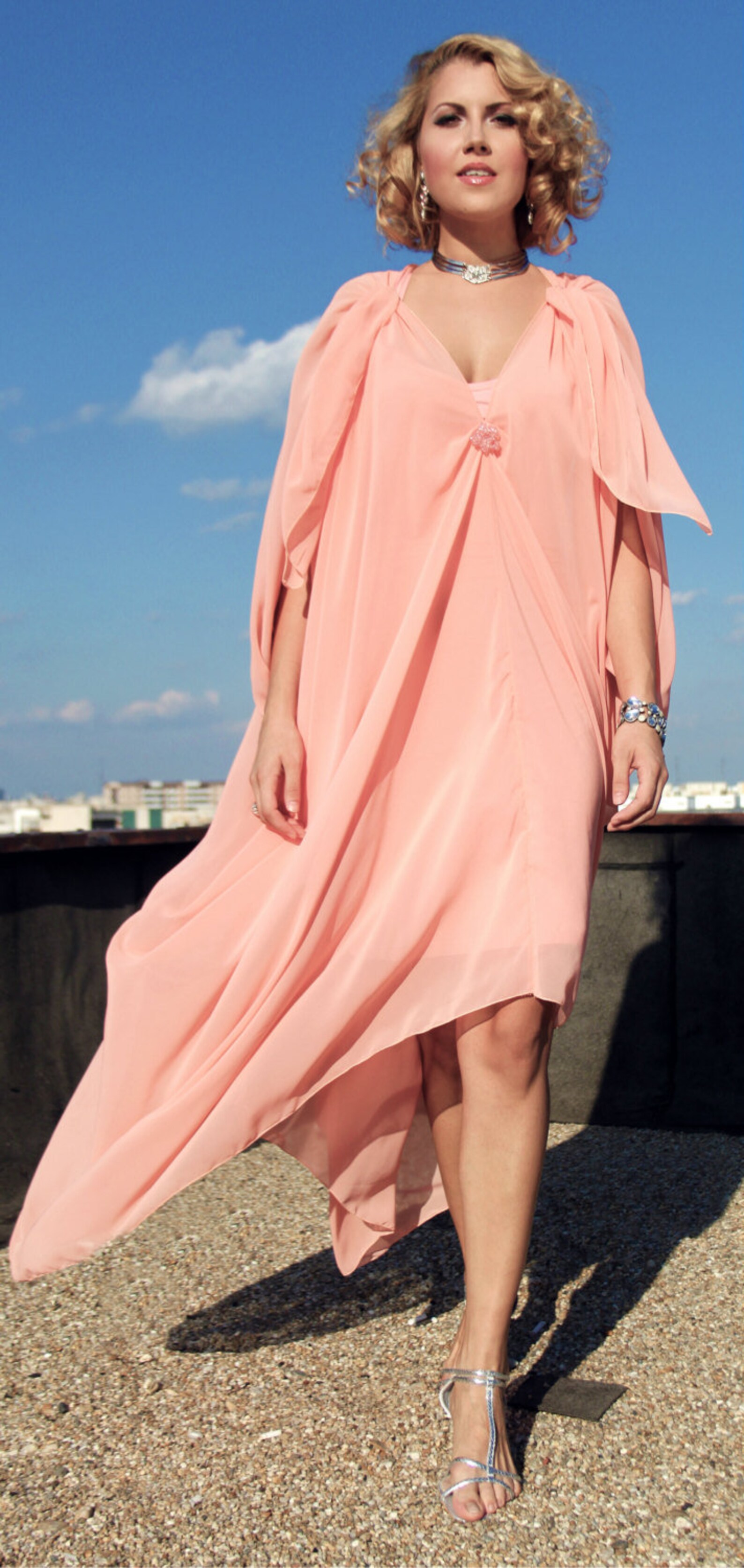 coral color long dress
