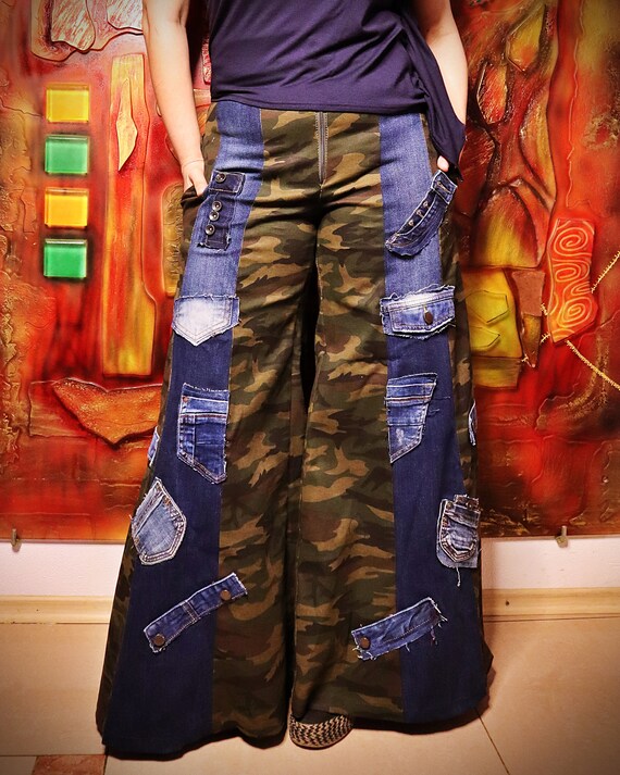 Army Wide Leg Pants Mix Denim and Camo Palazzo Pants TP66 Etsy