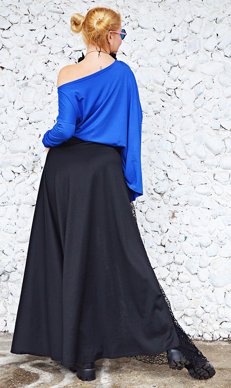 Black Flared Maxi Skirt Jersey Long Skirt Black Mesh Maxi | Etsy