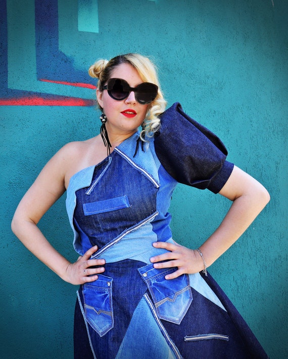 One Shoulder Patchwork Denim Dress, Hipster Jean Dress for One Shoulder Patchwork Denim Dress, Hipster Jean Dress for