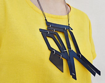 Genuine Leather Necklace , Geometrical Leather Necklace TLJ82 Black Leather Necklace by Teyxo