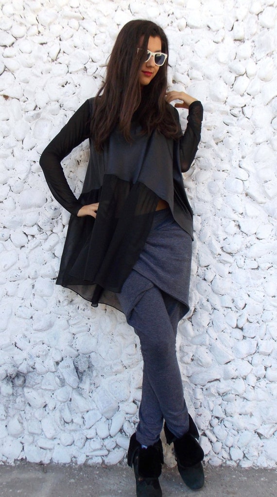 Gothic Asymmetrical Hoodie Tunic, Extravagant Black Top TT37 Gothic Asymmetrical Hoodie Tunic, Extravagant Black Top TT37