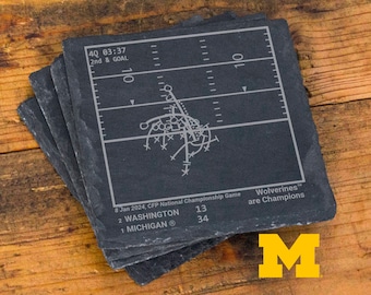 May include: A set of four black slate coasters featuring a football play diagram with the text "Wolverines™ are Champions" and the score "2 WASHINGTON 13, 1 MICHIGAN 34". The coasters are stacked on a wooden surface with a yellow "M" in the foreground.