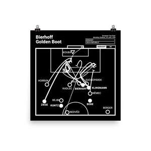 Könnte beinhalten: Eine Schwarzweiß-Illustration eines Fußballspiels. Die Illustration zeigt die Positionen der Spieler und die Flugbahn des Balls während des Spiels. Der Text "Bierhoff Golden Boot" befindet sich oben auf der Illustration. Der Text "European Cup Final" befindet sich oben auf der Illustration. Der Text "Wembley Stadium, 30 June 1996" befindet sich oben auf der Illustration. Der Text "Germany" befindet sich oben auf der Illustration. Der Text "Czech Republic" befindet sich oben auf der Illustration. Der Text "Bierhoff 95" befindet sich oben auf der Illustration.