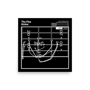 May include: A black and white illustration of a football play called "The Flea Kicker". The play is drawn on a football field with the yard lines and hash marks visible. The text "The Flea Kicker" is at the top of the illustration. The text "Big 12 Conference Game" is at the top right of the illustration. The text "Faurat Field & November 1997" is below the text "Big 12 Conference Game". The text "NEBRASKA" is at the top left of the illustration. The text "MISSOURI" is below the text "NEBRASKA". The text "3rd & 10 40 0:07" is at the bottom right of the illustration.