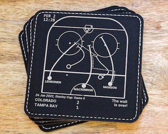 May include: Black leather coasters with a white hockey game play diagram. The text reads "PER 2 12:28", "LEHKONEN", "MANSON", "MACKINNON", "26 Jun 2022, Stanley Cup: Game 6", "COLORADO 2", "TAMPA BAY 1", and "The wait is over!"