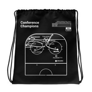 May include: Black drawstring bag featuring a white hockey play diagram with player names and the text "Conference Champions." The bag also includes game details: Eastern Conference Finals, Game 6, Madison Square Garden, May 29, 2014.