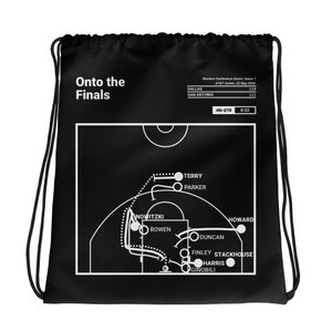 Puede incluir: Una bolsa de cordón negro y blanco con un gráfico de cancha de baloncesto. El gráfico muestra la jugada final de las semifinales de la Conferencia Oeste de 2006, Juego 7 entre los Dallas Mavericks y los San Antonio Spurs. El texto "Onto the Finals" está en la parte superior de la bolsa.