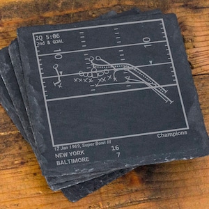 May include: A stack of four square slate coasters. Each coaster features a football play diagram with the text "20 5:06 2nd & GOAL" and "12 Jan 1969, Super Bowl III, NEW YORK 16, BALTIMORE 7". The word "Champions" is also visible.