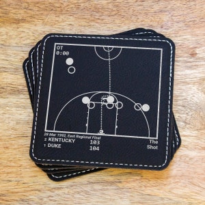 May include: A set of four black leather coasters with a white basketball court design. The coasters feature the score of the 1992 NCAA Men's Basketball Championship game between Kentucky and Duke, with the final score of 103-104. The text "The Shot" is also included on the coasters.