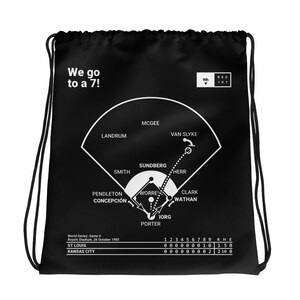 Puede incluir: Bolsa de cordón negra con un gráfico de diamante de béisbol blanco. El gráfico muestra las posiciones de los jugadores y el marcador del juego. El texto "We go to a 7!" está en la parte superior de la bolsa. El texto "9th 161" está en la esquina superior derecha de la bolsa.