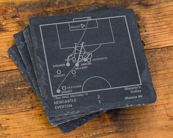 Pode incluir: Copos de apoio em ardósia preta com um gráfico branco de um diagrama de jogo de futebol. O diagrama mostra as posições dos jogadores e a trajetória da bola. O texto no copo de apoio diz "1 de dezembro de 2002, Dia 15, Newcastle, Everton, 2, 1, Voleio de Shearer, Shearer 86'"