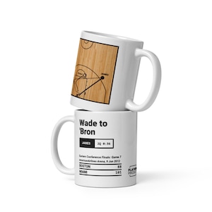 May include: White ceramic mug with a basketball play diagram printed on it. The diagram shows a play called "Wade to 'Bron" with the text "JAMES 2Q 0:36" and the score "BOSTON 88 MIAMI 101".