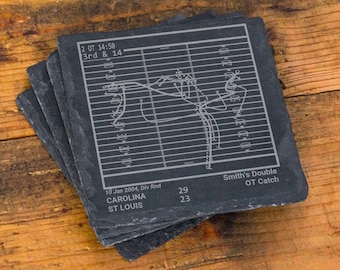 May include: A set of four black slate coasters featuring a football play diagram with the text "2 OT 14:50 3rd & 14", "10 Jan 2004, Div Rnd CAROLINA ST LOUIS 29 23", and "Smith's Double OT Catch".