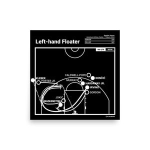 Könnte beinhalten: Ein schwarz-weißes Basketball-Spieldiagramm mit dem Text "Left-hand Floater" oben. Das Diagramm zeigt die Bewegung der Spieler auf dem Spielfeld während eines Basketballspiels. Der Text "4th QTR 00:00" befindet sich oben rechts im Diagramm.