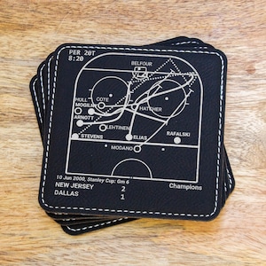 May include: Black leather coasters with a white hockey game play diagram. The text on the coasters reads "PER 20T 8:20", "BELFOUR", "HULL", "COTE", "MOGILNY", "ARNOTT", "OLEHTINEN", "STEVENS", "HAT SHER", "RAFALSKI", "ELIAS", "MODANO", "10 Jun 2000, Stanley Cup: Gm 6", "NEW JERSEY 2", "DALLAS 1", and "Champions".