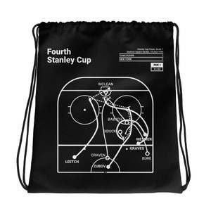 May include: Black drawstring bag with a white hockey game play diagram. The diagram shows the Vancouver Canucks winning their fourth Stanley Cup in 1994. The text "Fourth Stanley Cup" is at the top of the bag. The text "Stanley Cup Finals: Game 7" is at the top of the diagram. The text "Madison Square Garden, 14 June 1994" is below the game title. The text "Vancouver" and "New York" are listed with scores of 3 and 2, respectively. The text "Per 1" and "11:02" are listed below the scores.