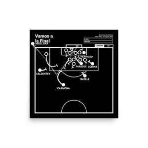 Può includere: Un'illustrazione in bianco e nero di una partita di calcio con il testo "Vamos a la Final Abelleira" e "World Cup Semifinals Eden Park, 15 August 2023". L'illustrazione mostra le posizioni dei giocatori sul campo e la traiettoria del pallone.